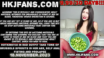 Hotkinkyjo in red outfit take tons of brussels sprouts in her ass&comma; self anal fisting and prolapse